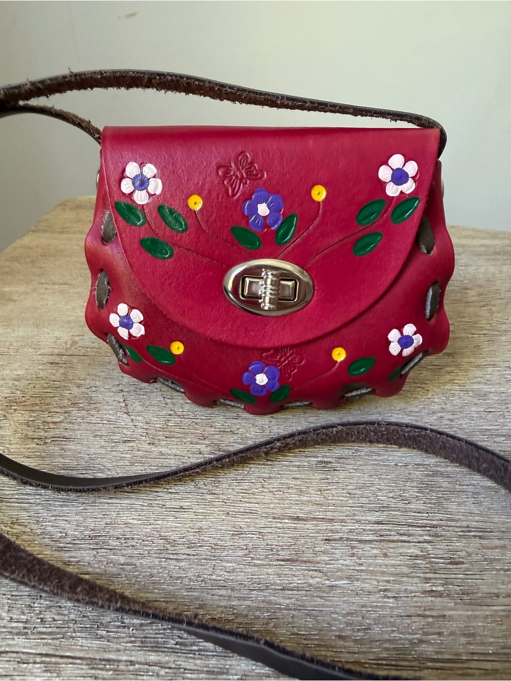 Mexican Leather Mini Crossbody Purse Hand Painted Floral Hand Laced